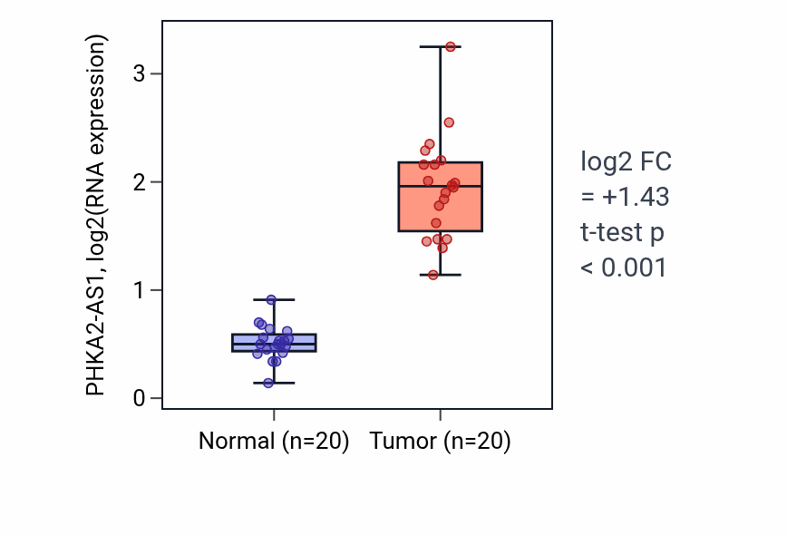Tumor-vs-normal expression box plot for PHKA2-AS1 in KIRC.