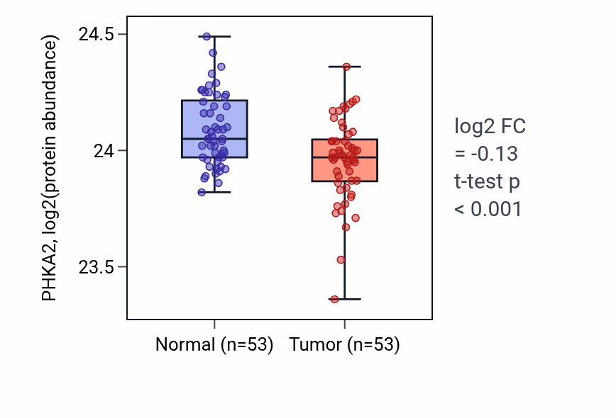 Tumor-vs-normal mass-spec protein box plot for PHKA2 in HNSC.
