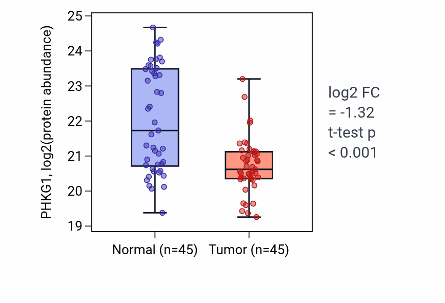 Tumor-vs-normal mass-spec protein box plot for PHKG1 in HNSC.