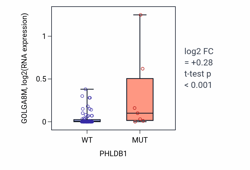 Box plot of GOLGA8M in PHLDB1-low vs PHLDB1-high samples in BLOOD_Lymphoma.