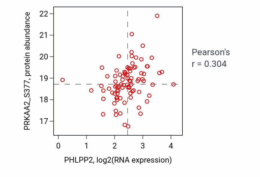 Per-sample scatter of PHLPP2 vs PRKAA2_S377 in HNSC (Pearson r = 0.30).