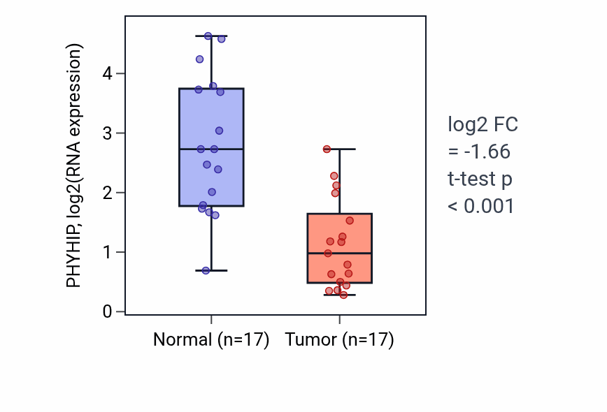 Tumor-vs-normal expression box plot for PHYHIP RNA in HNSC.
