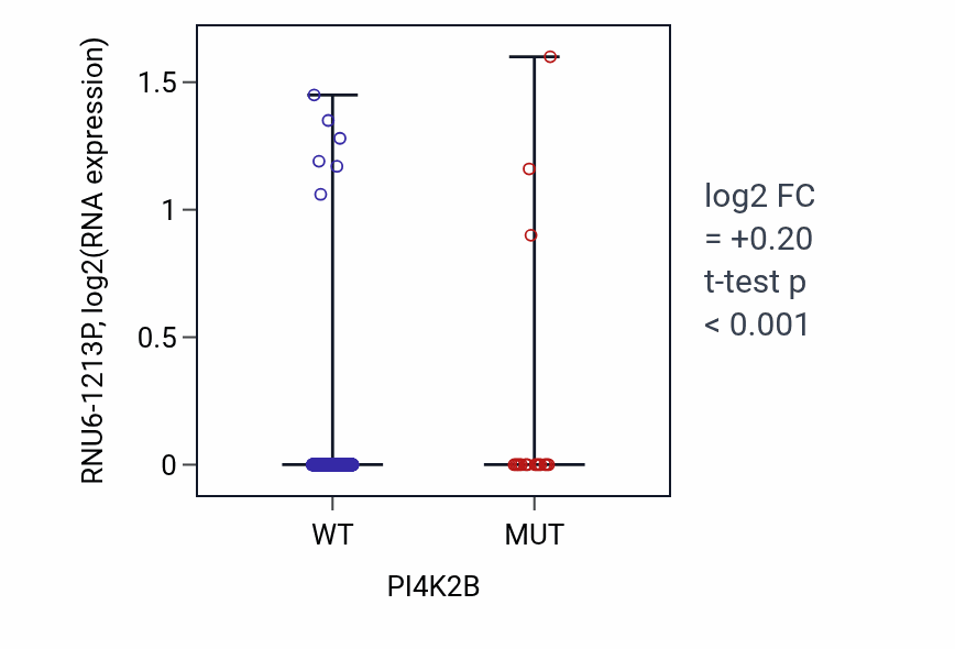 Box plot of RNU6-1213P in PI4K2B-low vs PI4K2B-high samples in UCEC.