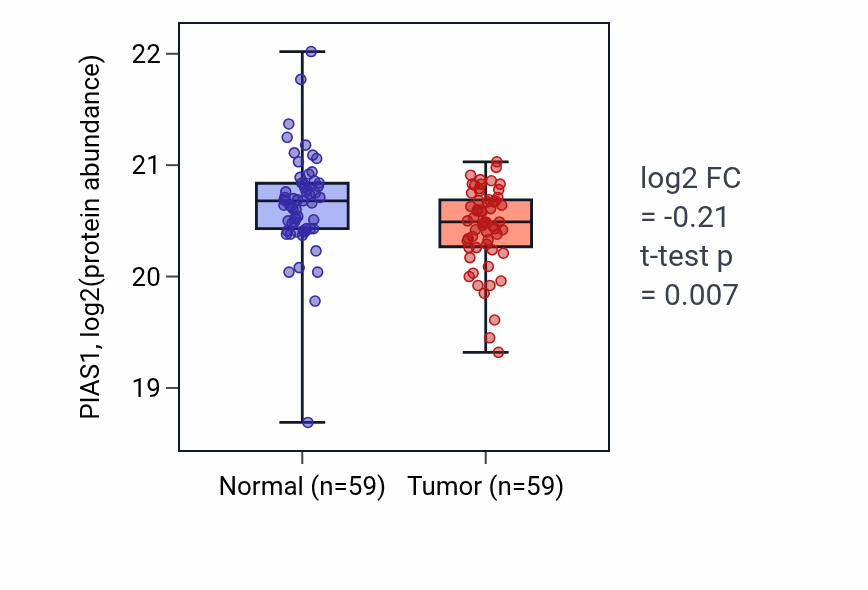 Tumor-vs-normal mass-spec protein box plot for PIAS1 in HNSC.