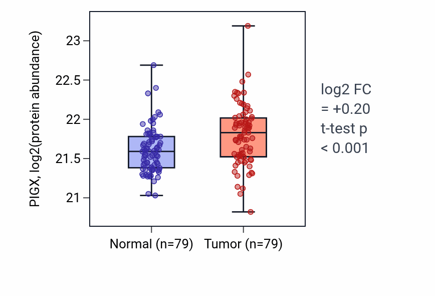 Tumor-vs-normal mass-spec protein box plot for PIGX in LSCC.