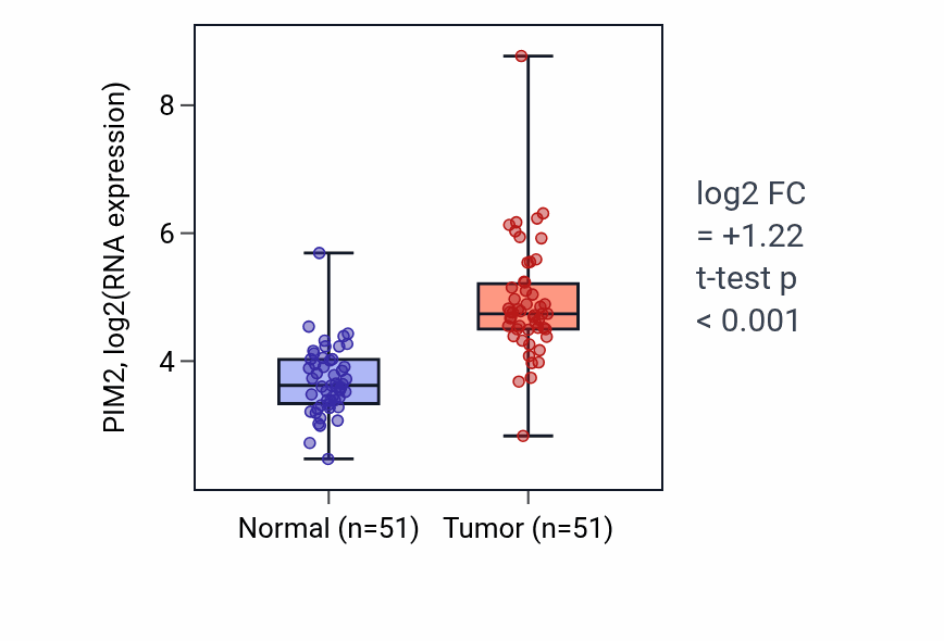 Tumor-vs-normal expression box plot for PIM2 RNA in KIRC.