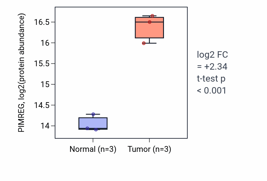 Tumor-vs-normal mass-spec protein box plot for PIMREG in HNSC.