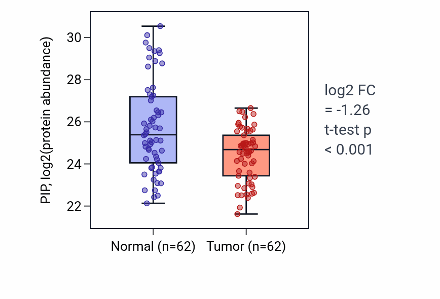 Tumor-vs-normal mass-spec protein box plot for PIP in HNSC.