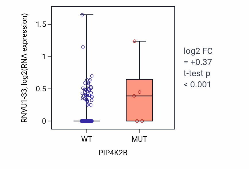 Box plot of RNVU1-33 in PIP4K2B-low vs PIP4K2B-high samples in LUSC.