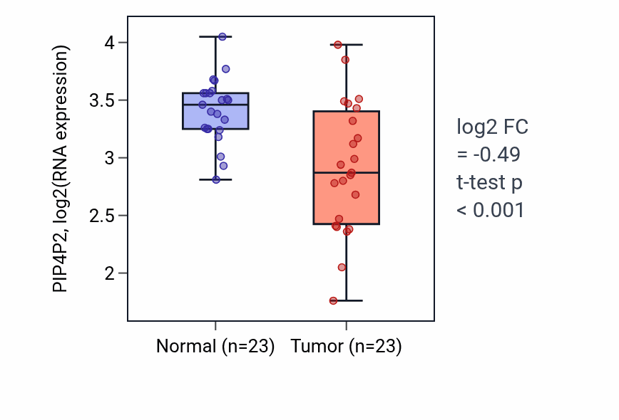 Tumor-vs-normal expression box plot for PIP4P2 RNA in THCA.