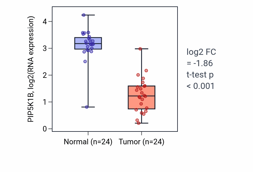 Tumor-vs-normal expression box plot for PIP5K1B RNA in KIRC.