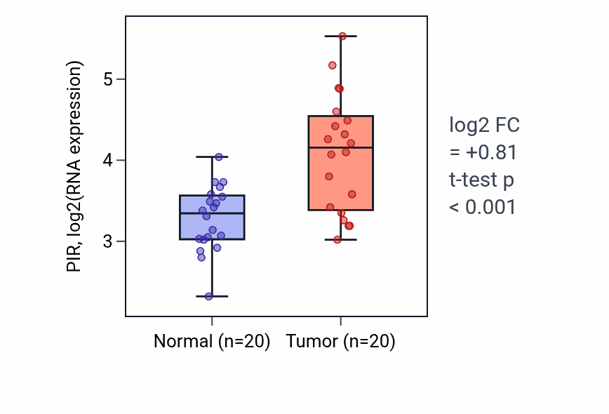 Tumor-vs-normal expression box plot for PIR RNA in KIRC.