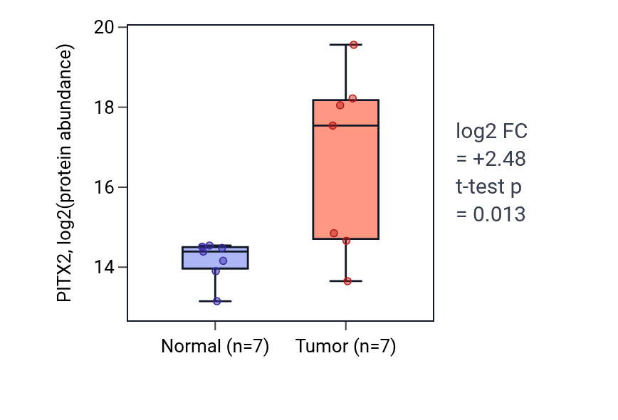 Tumor-vs-normal mass-spec protein box plot for PITX2 in LUAD.