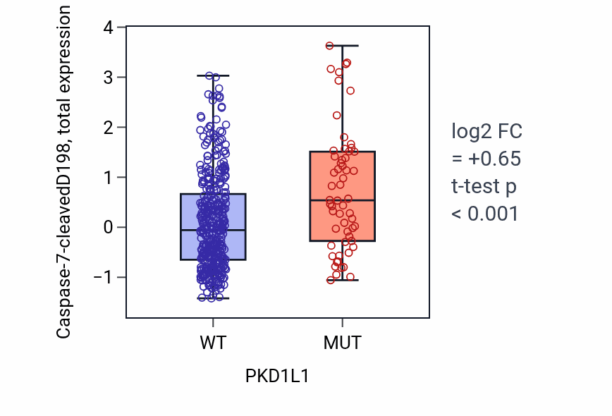 Box plot of Caspase-7-cleavedD198 in PKD1L1-low vs PKD1L1-high samples in UCEC.