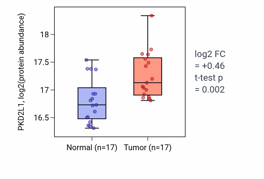 Tumor-vs-normal mass-spec protein box plot for PKD2L1 in LSCC.