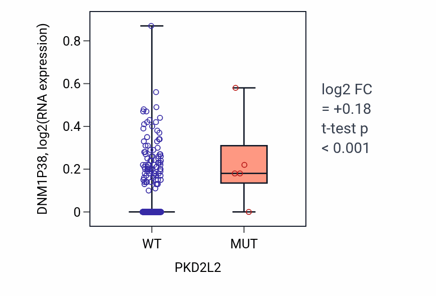 Box plot of DNM1P38 in PKD2L2-low vs PKD2L2-high samples in LUAD.