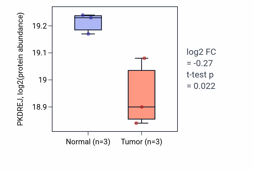 Tumor-vs-normal mass-spec protein box plot for PKDREJ in LSCC.