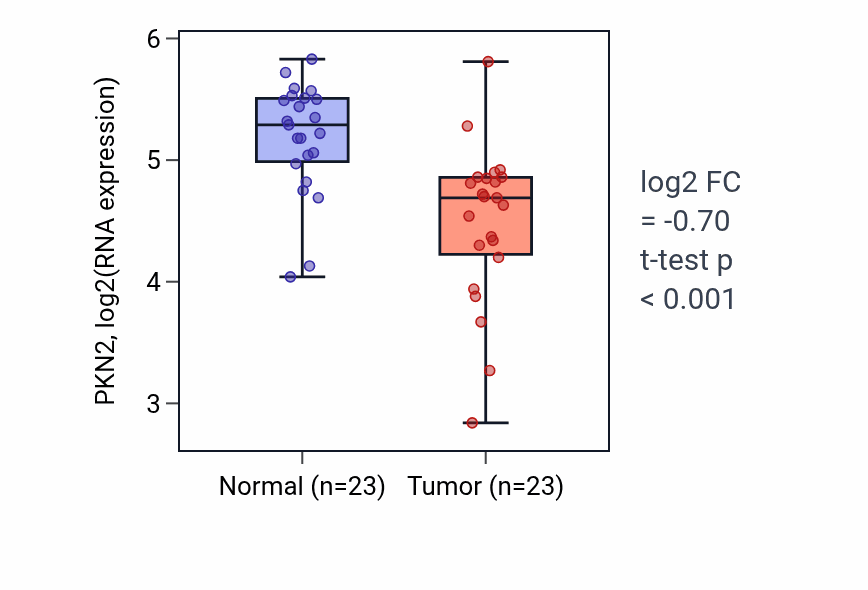 Tumor-vs-normal expression box plot for PKN2 RNA in THCA.