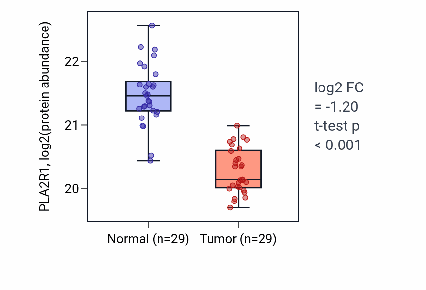 Tumor-vs-normal mass-spec protein box plot for PLA2R1 in CCRCC.