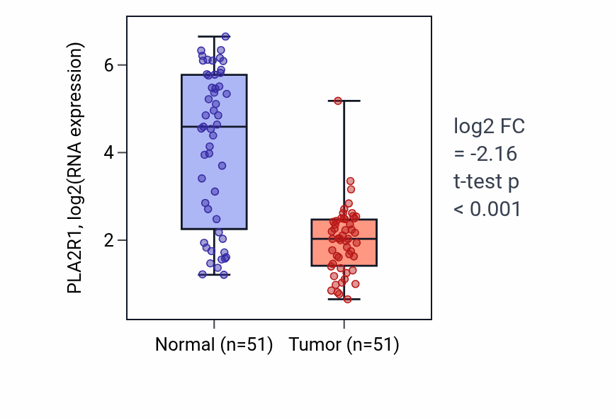 Tumor-vs-normal expression box plot for PLA2R1 RNA in KIRC.