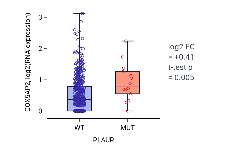 Box plot of COX5AP2 in PLAUR-low vs PLAUR-high samples in UCEC.