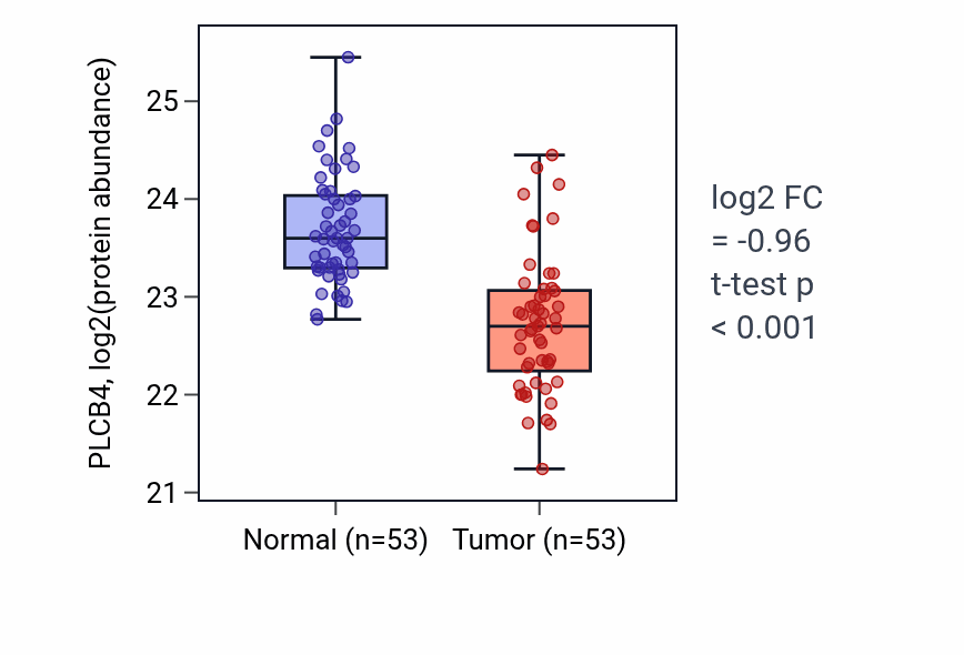 Tumor-vs-normal mass-spec protein box plot for PLCB4 in HNSC.