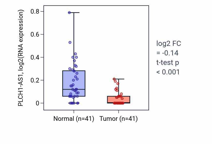 Tumor-vs-normal expression box plot for PLCH1-AS1 in THCA.
