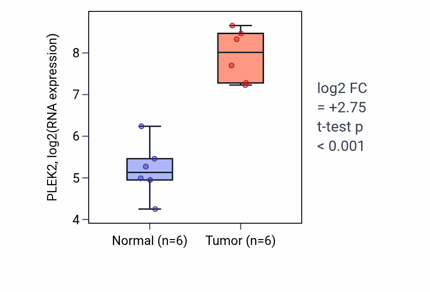 Tumor-vs-normal expression box plot for PLEK2 RNA in HNSC.