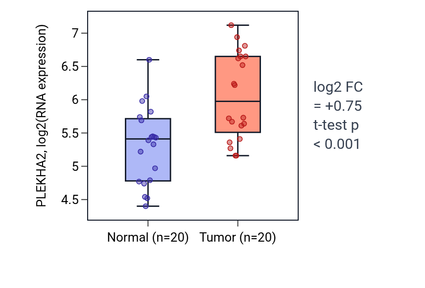 Tumor-vs-normal expression box plot for PLEKHA2 in KIRC.