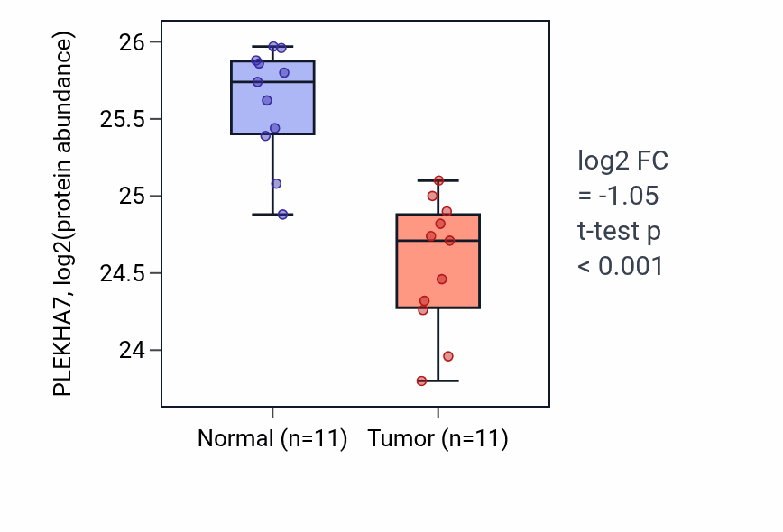 Tumor-vs-normal mass-spec protein box plot for PLEKHA7 in CCRCC.