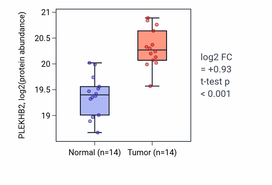 Tumor-vs-normal mass-spec protein box plot for PLEKHB2 in PDAC.