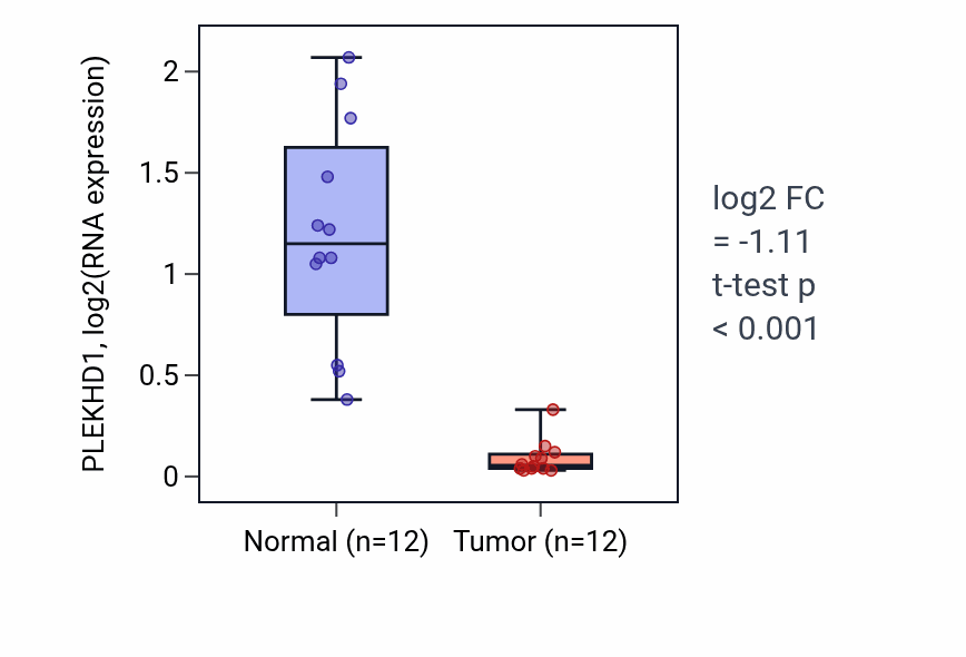 Tumor-vs-normal expression box plot for PLEKHD1 in KIRC.