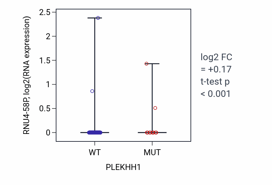 Box plot of RNU4-58P in PLEKHH1-low vs PLEKHH1-high samples in COAD.