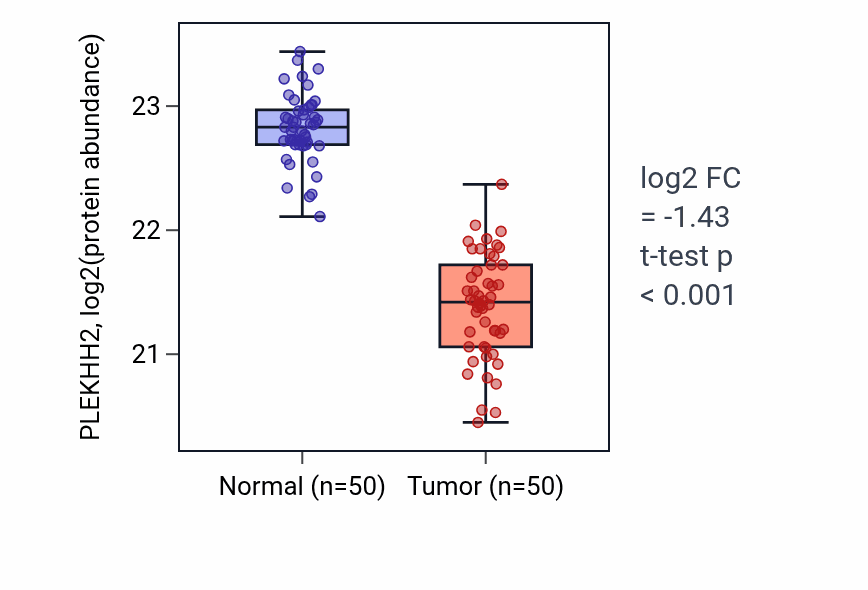 Tumor-vs-normal mass-spec protein box plot for PLEKHH2 in LSCC.