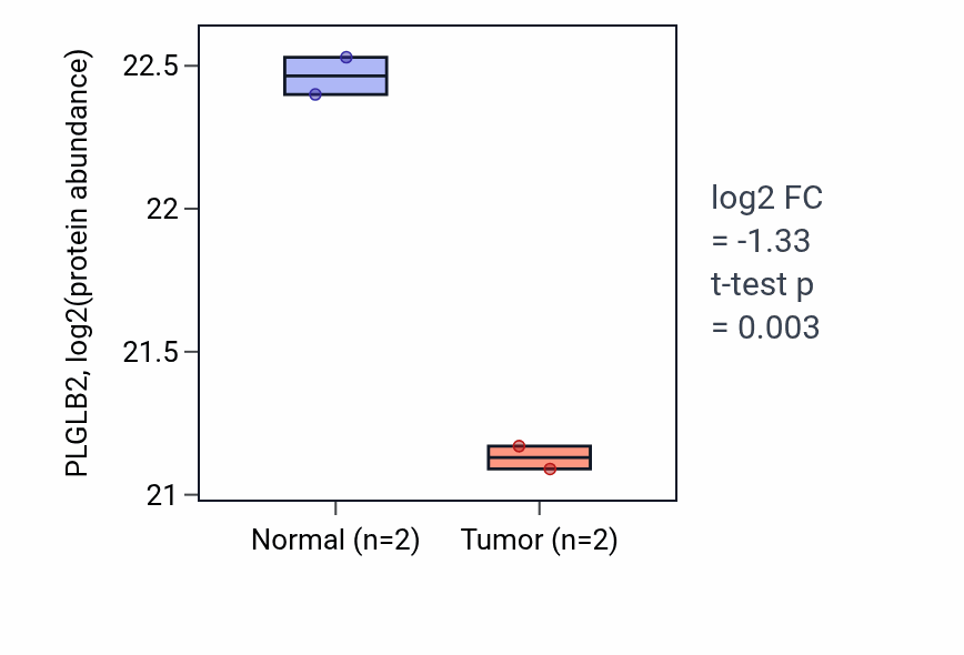 Tumor-vs-normal mass-spec protein box plot for PLGLB2 in HNSC.