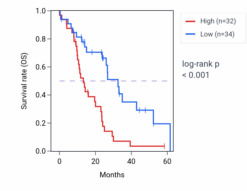 Kaplan&ndash;Meier survival curve for PLIN2 mass-spec protein-high vs -low samples in PDAC.
