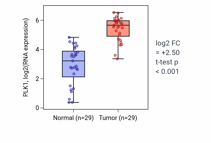 Tumor-vs-normal expression box plot for PLK1 RNA in HNSC.