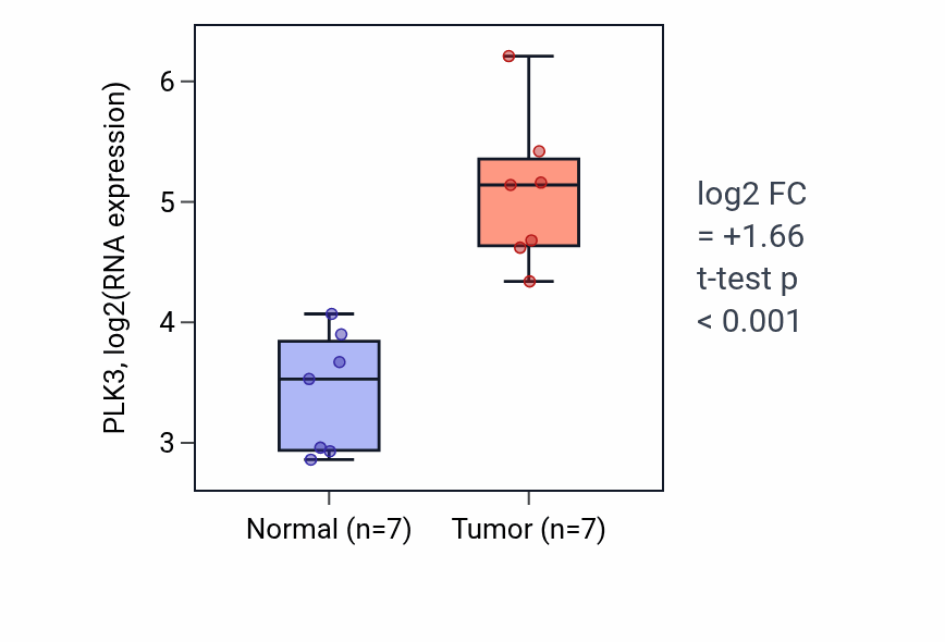 Tumor-vs-normal expression box plot for PLK3 RNA in THCA.