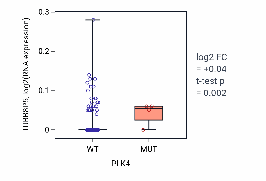 Box plot of TUBB8P5 in PLK4-low vs PLK4-high samples in SKCM.