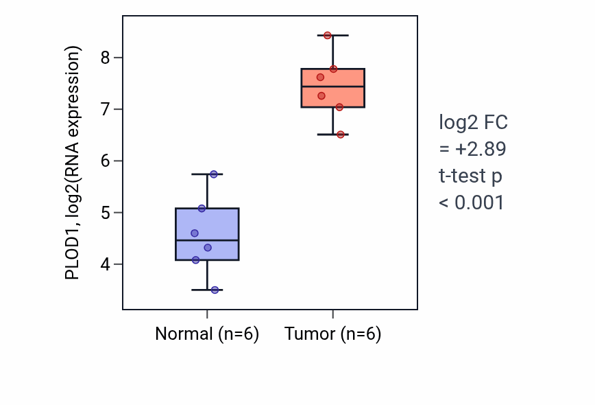 Tumor-vs-normal expression box plot for PLOD1 RNA in HNSC.