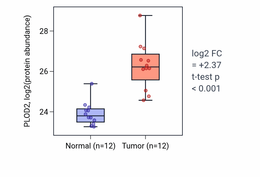 Tumor-vs-normal mass-spec protein box plot for PLOD2 in CCRCC.