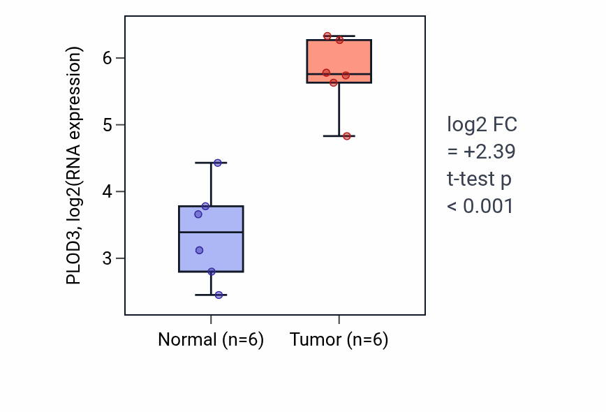 Tumor-vs-normal expression box plot for PLOD3 RNA in HNSC.