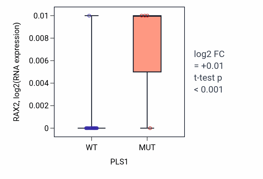 Box plot of RAX2 in PLS1-low vs PLS1-high samples in LUNG_NSCLC_LUSC.