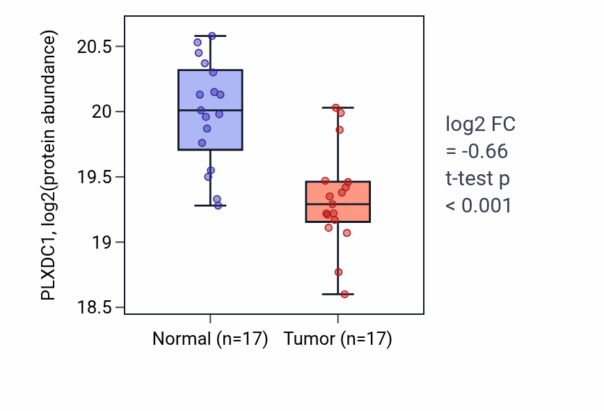 Tumor-vs-normal mass-spec protein box plot for PLXDC1 in LSCC.