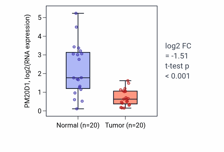 Tumor-vs-normal expression box plot for PM20D1 in KIRC.