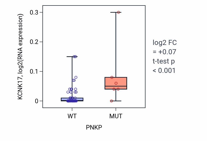 Box plot of KCNK17 in PNKP-low vs PNKP-high samples in LARGE_INTESTINE.