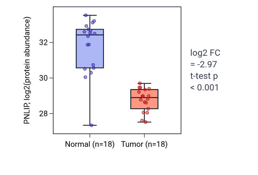 Tumor-vs-normal mass-spec protein box plot for PNLIP in PDAC.