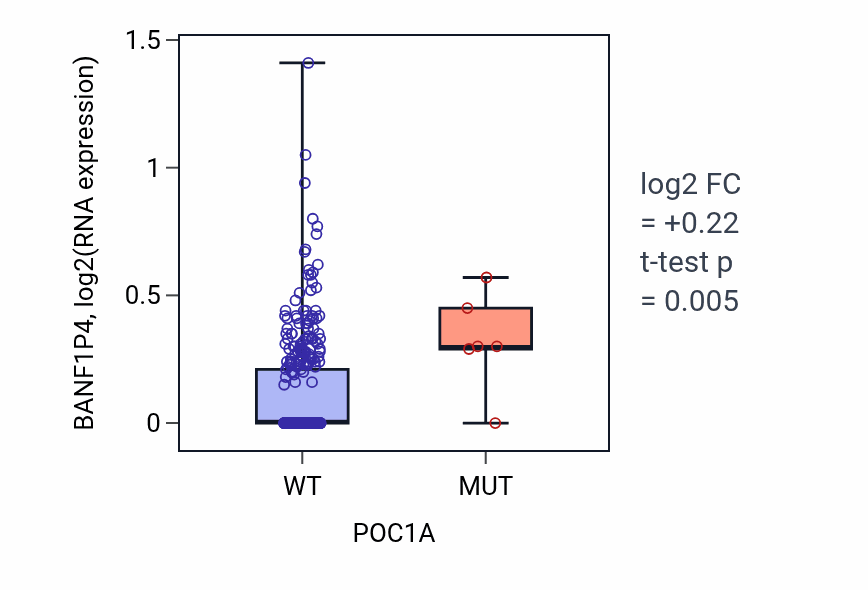 Box plot of BANF1P4 in POC1A-low vs POC1A-high samples in BLCA.