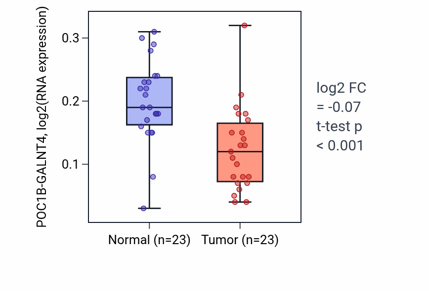 Tumor-vs-normal expression box plot for POC1B-GALNT4 RNA in THCA.
