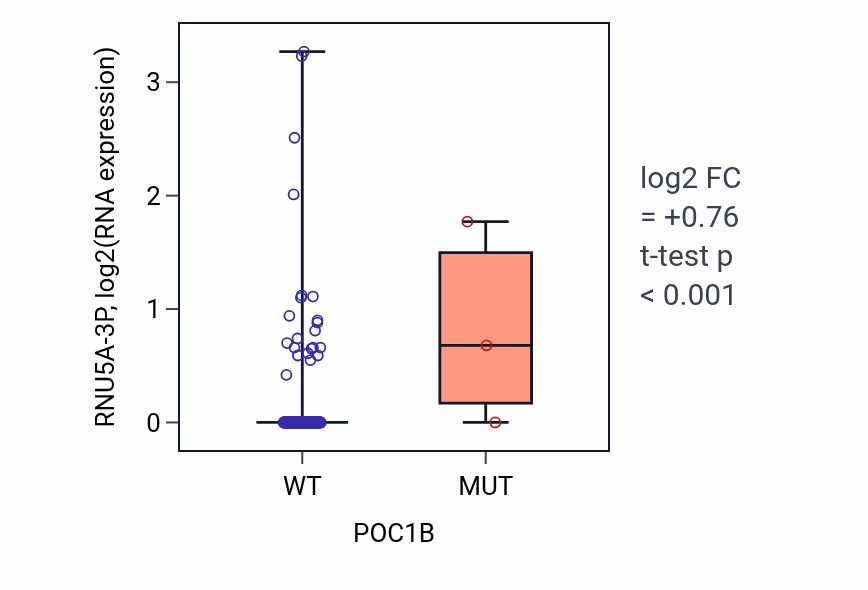 Box plot of RNU5A-3P in POC1B-low vs POC1B-high samples in COAD.